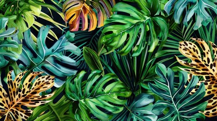 Obraz premium Tropical leaves on leopard background watercolor pattern Trendy design for fabric and wallpaper