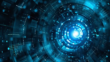 Obraz premium Blue abstract tech-inspired background with digital elements and circular motion, conveying advanced technology and innovation