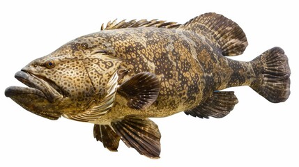 Giant brown marbled grouper fish swimming with its mouth open against a white backdrop