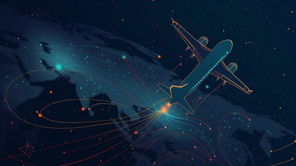This artwork shows an airplane with light trails over a digital representation of a world map, symbolizing global connectivity