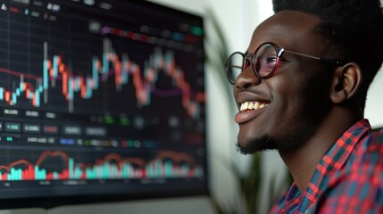 Focused Man Analyzing Stock Market Trends on Digital Display with Red and Blue Graphics