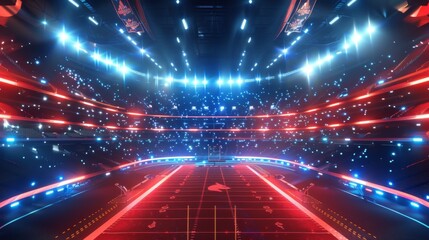 An indoor football field with futuristic digital light effects and a glowing red theme