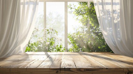 Empty wooden tabletop for displaying products, beautiful sunlight from window overlooking garden with fluttering sheer curtains in background