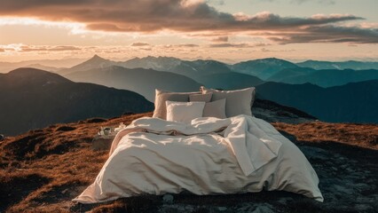 A luxurious bed with white linens set on a mountain peak, overlooking a stunning sunset, creating a serene and picturesque outdoor sleeping arrangement.Suitable for tourism, adventure advertising 