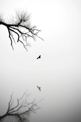 Black and white photo of a bird flying over a foggy lake. Bare tree branch in the foreground. Mirror effect in water.