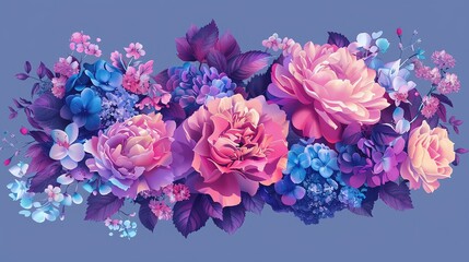 A colorful arrangement of flowers on a light purple background.