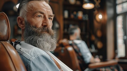 Back view of a man with a groomed beard sitting in a barber chair, likely waiting for a barber, in a well-appointed modern barbershop