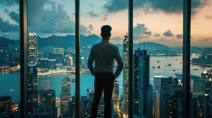 Plakat A man is seen from behind, contemplating a city skyline through a window at dusk with reflections