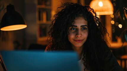 A young woman with curly hair immersed in work, with warm lighting and night-time ambience