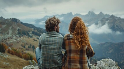 Naklejka premium A couple enjoys a serene moment together on a mountain with a breathtaking view of a misty valley
