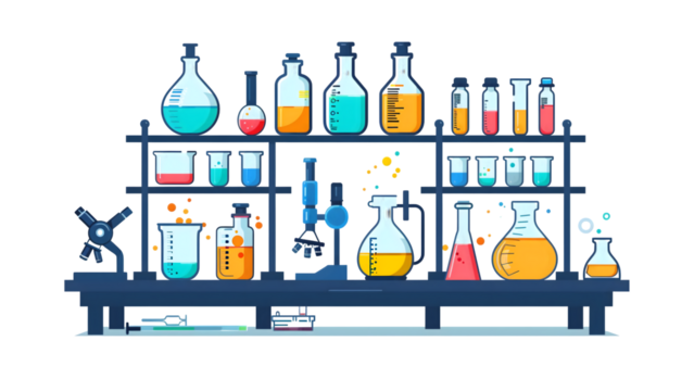 Illustration of chemicals with microscope isolated on a transparent background, PNG, Ai