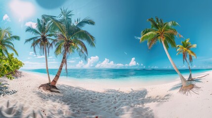 A tranquil beach with white sand, palm trees, and a clear turquoise sea set against a blue sky
