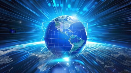 This image displays a digital Earth with blue network lines and dynamic light rays