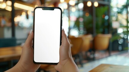 Mockup, woman's hands holding mobile phone with blank screen in coffee shop