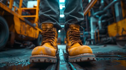 Worker with safety boots in an industrial environment