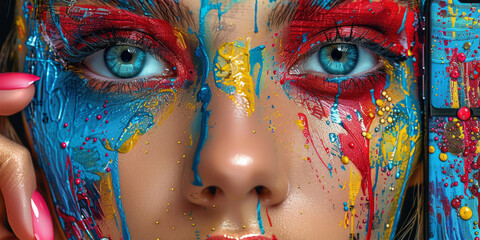 Obraz premium cosmetics using a phone with a tripod, pop art style, bold and vibrant colors, comic book-like design,generative ai