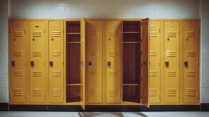 A row of yellow school lockers with some open doors, revealing empty compartments inside, set against a white tiled wall.school-related content