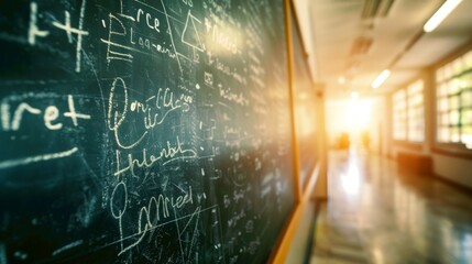 A warmly lit blackboard filled with chalk equations and diagrams elicits the concept of education and knowledge