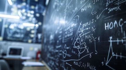 A close-up view of a cluttered classroom chalkboard containing complex mathematical equations and graphs