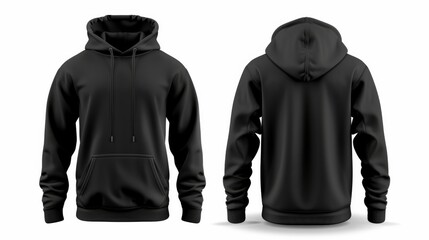 Realistic mockup of a black hoodie presented in both front and back views on a white background