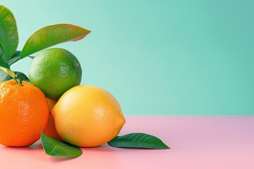 Minimalist Composition of Citrus Fruits on a Green Background