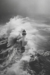 Obraz premium Solitary lighthouse standing against a turbulent sea 
