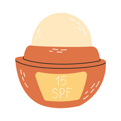 Lip treatment with sun protection. Sunscreen for lips. Balm, lipstick, shine, butterstick. Packaging, bottle, tube. Vector illustration isolated on white background in hand drawn style
