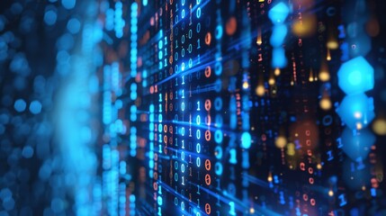 A digital technology themed background with rows of glowing binary code creating a cyber space effect