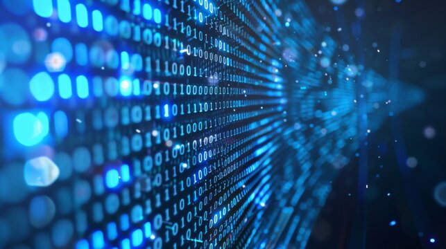 Illuminated streams of binary data code in a digital environment representing information technology