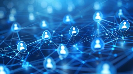 Graphic representation of a social or professional network with connected user avatars on a digital network