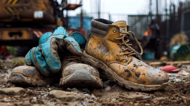 A pair of dirty work boots and a pair of blue gloves are laying on the ground