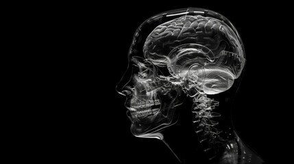 A transparent silhouette of a human head with a visible brain structure on a black background