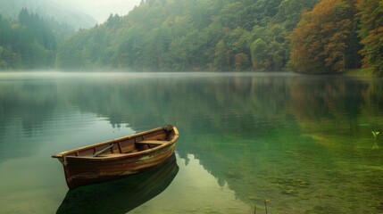 Obraz premium Misty autumn morning with an old wooden boat on the peaceful lake waters