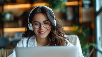 An attractive young woman with glasses smiles joyously while wearing headphones and using a laptop in a cozy interior setting