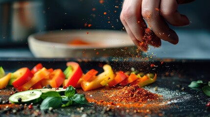 A hand sprinkles red spices over freshly cut bell peppers and herbs for a flavorful cooking scene