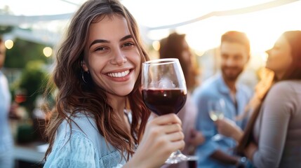 A cheerful young woman is holding a red wine glass at a social gathering, smiling at the camera