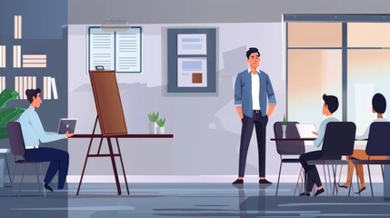 A digital illustration depicting a corporate environment with a male presenter, audience, and colorful presentation boards