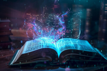 An open book with holographic text and images rising from the pages. 