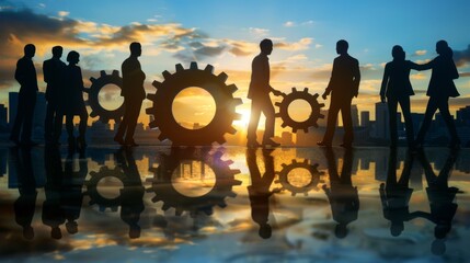 Silhouetted business professionals stand among giant gears against a sunset cityscape, representing synergy