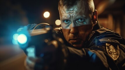 A focused police officer in uniform aims his pistol with a flashlight in a nighttime setting