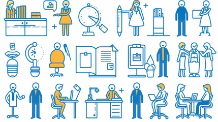 Bright and playful vector icons representing various business and office activities and roles