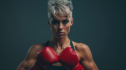 A strong female athlete with short hair poses confidently, wearing red boxing gloves against a grey backdrop