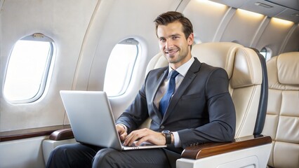 Fototapeta premium businessman sitting on a plane, on white background 