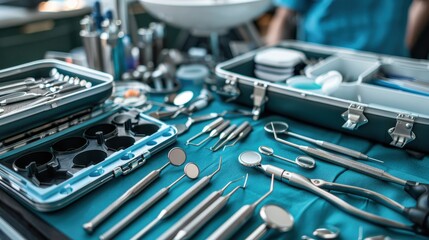 An array of surgical instruments laid out on an operating table in a medical setting