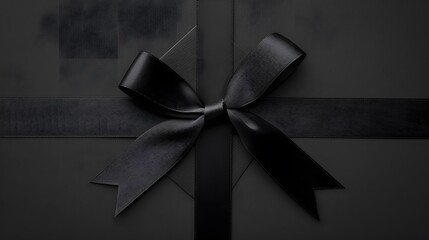 black gift card with black ribbon bow, black friday concept, copy space template. 