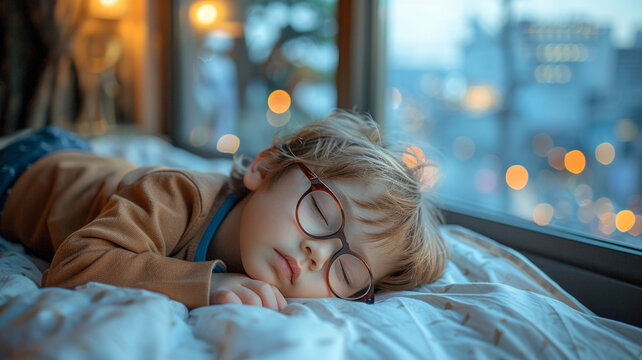 3 years old Japanese boy with glasses sleeping on a bed with prone sleeping pose,generative ai