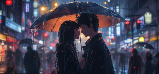 anime lovers couple standing under an umbrella in the middle of a rainy urban street