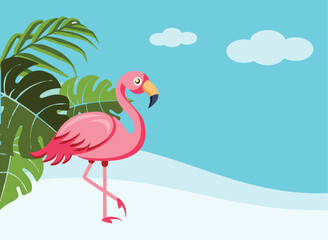 Flamingo background design, tropical leaves and flowers in the background