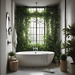 Cuarto de ba&ntilde;o blanco minimalista, ba&ntilde;era y plantas estilo natural