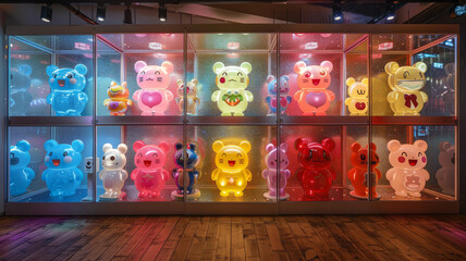 Obraz premium long open cabinet with emoji sculpture toys in each box frame backlit from behind in colorful lights.generative ai